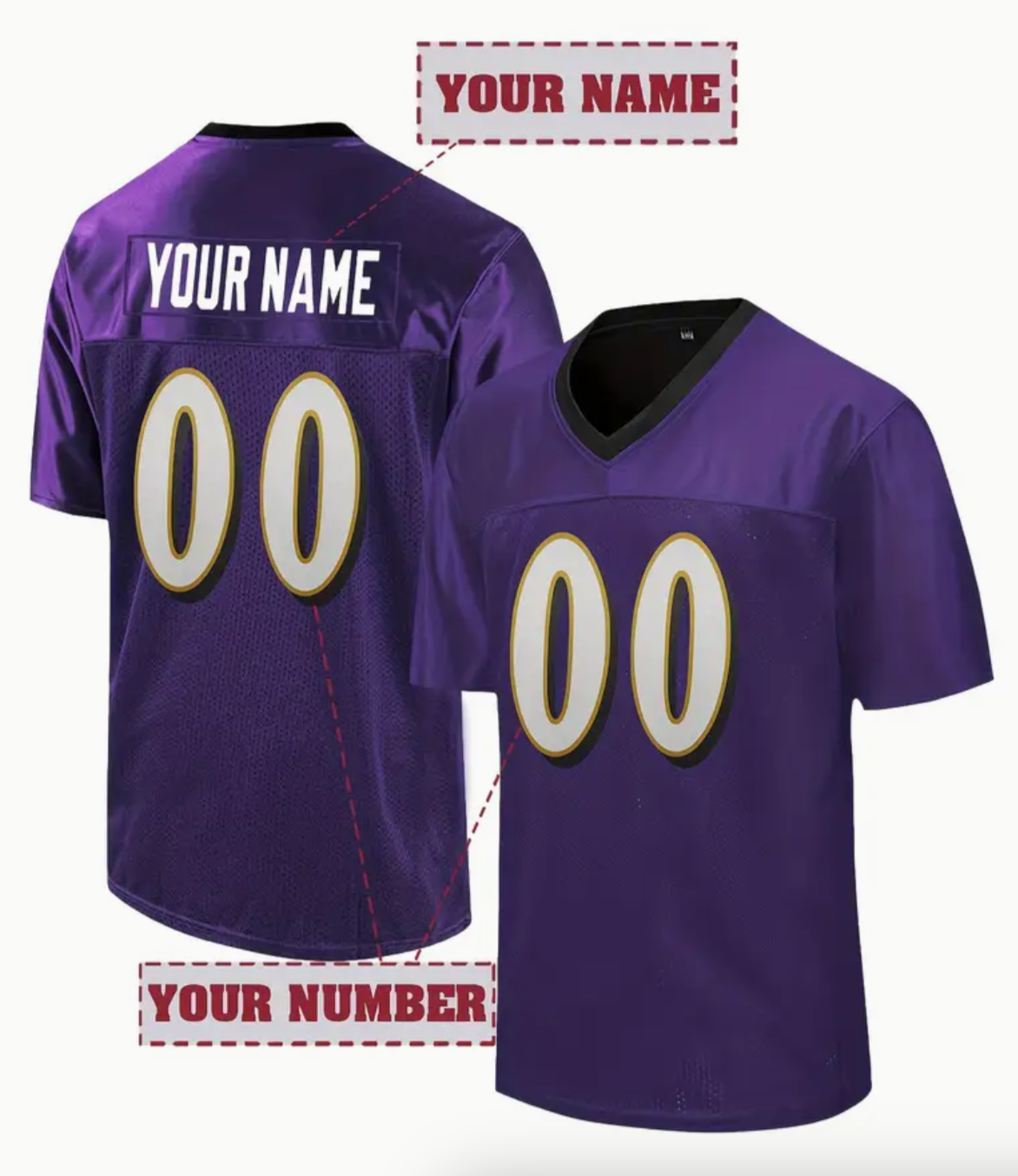 NFL American Football Baltimore Ravens Personalized V-Neck Sports Jersey - High-Quality Embroidered Athletic Shirt with Custom Name & Number