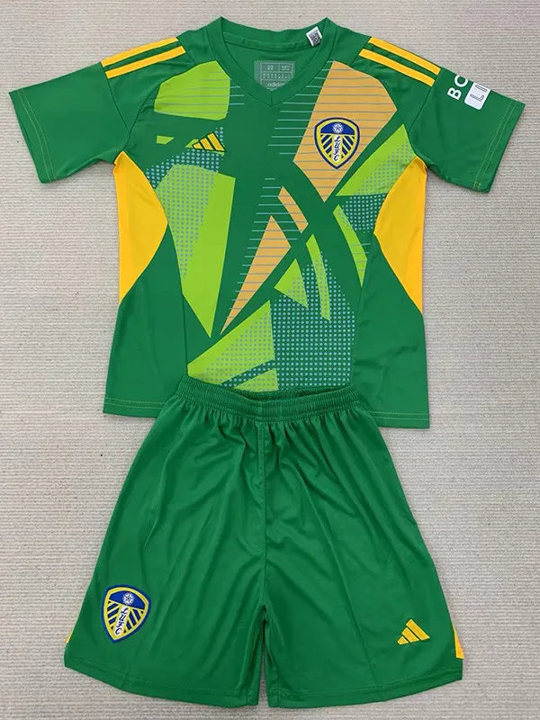 2024-25 Leeds United Green GoalKeeper Kids Home Soccer Jersey Suit